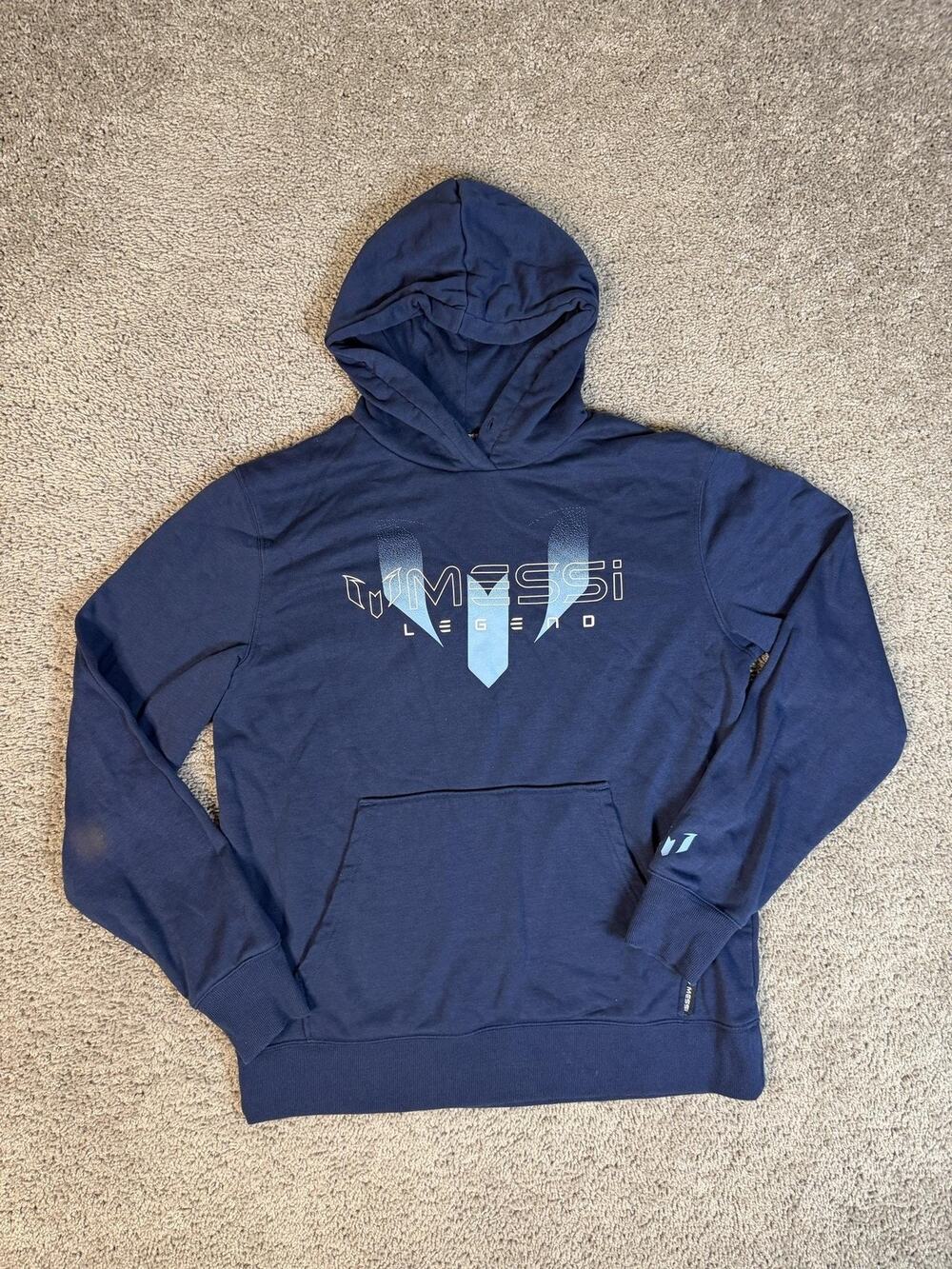 MESSI Hoodie Mens L Blue Pullover Hooded Pockets Graphic Print Fleece Tagless